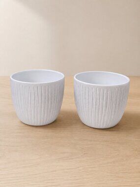 Set of 2 German White Ribbed Ceramic Planters Cache Pots 4 x 5 In Modern